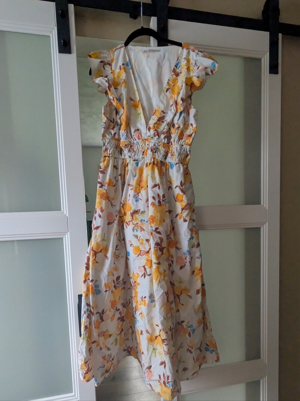 Abercrombie & Fitch Floral Yellow White Midi Dress with Smocked Waist